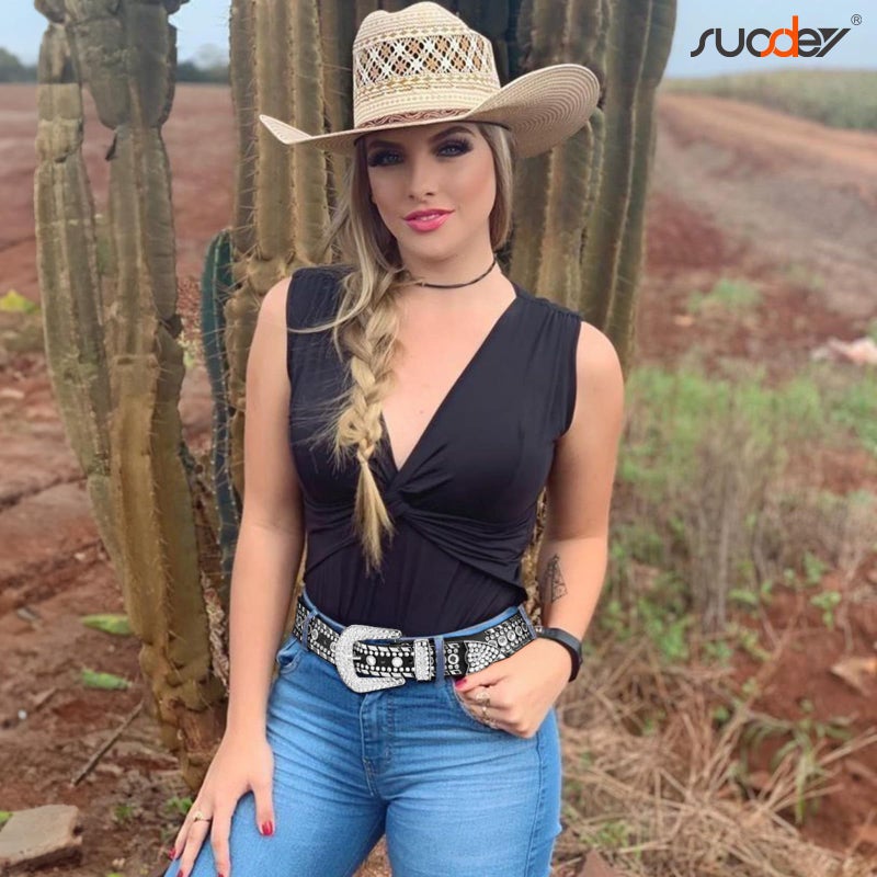 SUOSDEY Rhinestone Belt for Men Women Western Cowboy Cowgirl Bling Studded Leather Belt for Jeans Pants,Black,M - Image 2